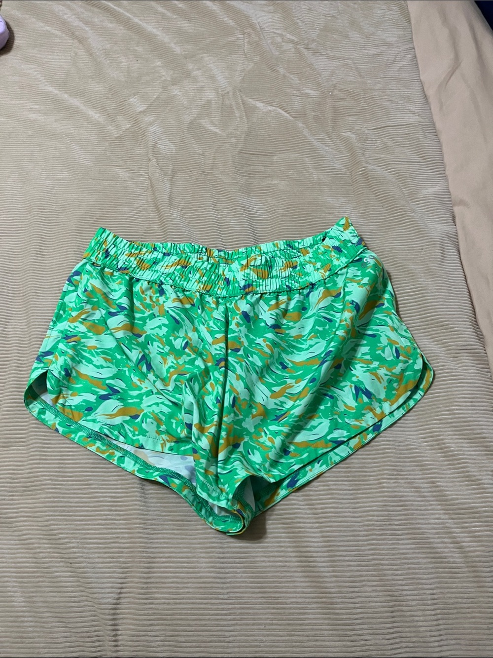 DSG Green Abstract Print Athletic Shorts with Yellow & Blue Accents